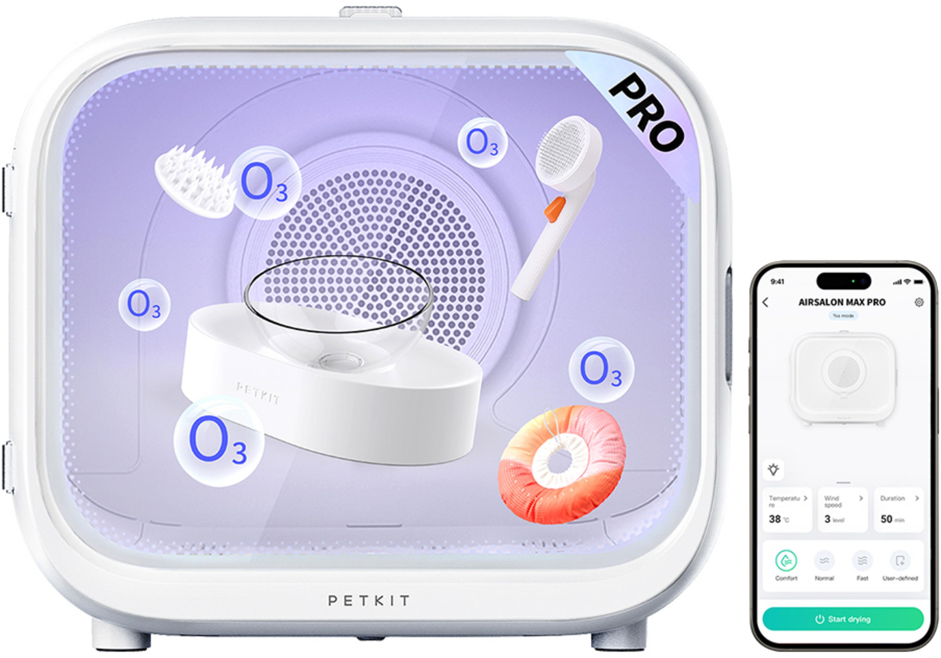 Biała suszarka dla zwierząt z symbolami ozonu, szczotkami i miską. Telefon pokazuje aplikację.