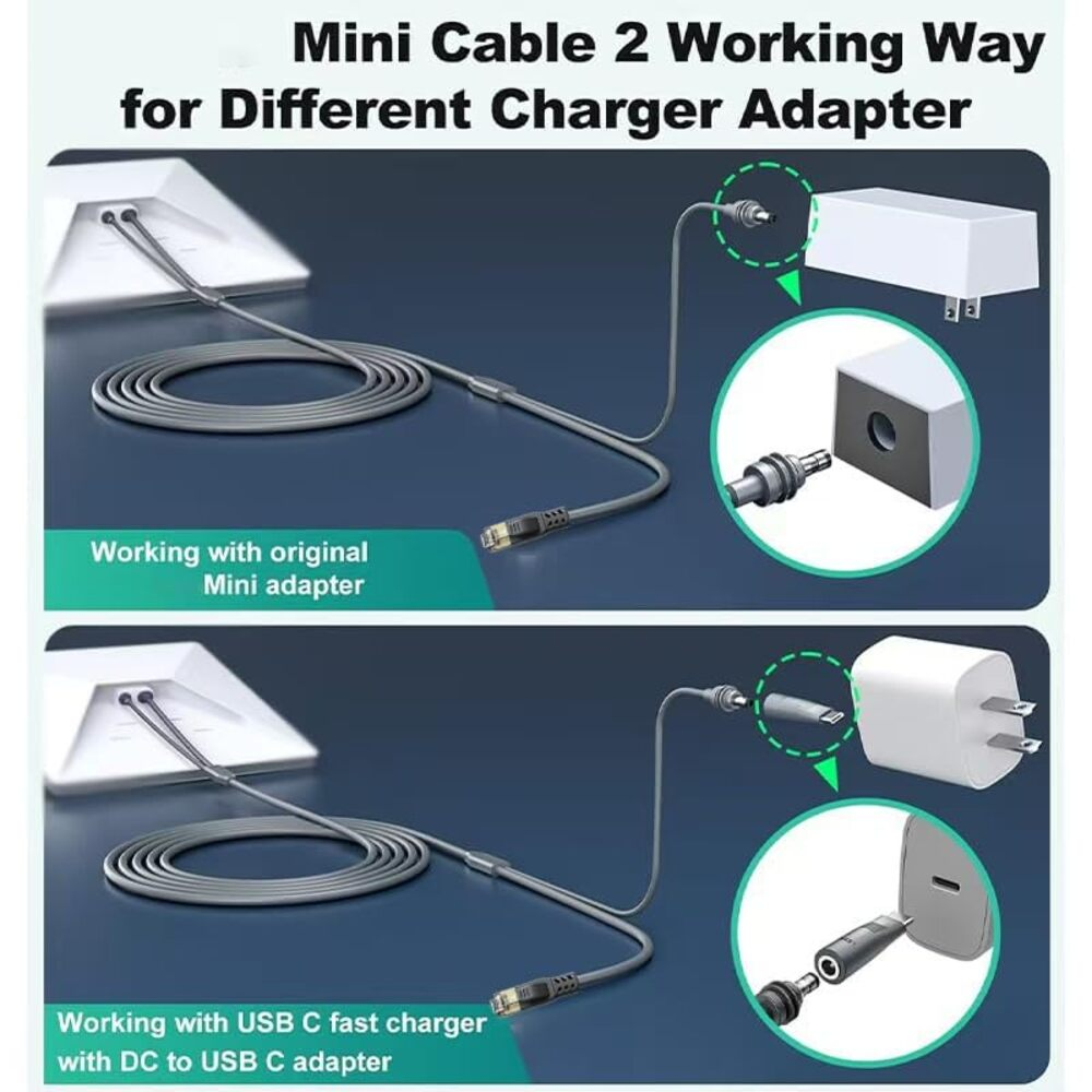 Graues Kabel mit zwei Adaptern, ein Mini und ein USB-C-Ladegerät.