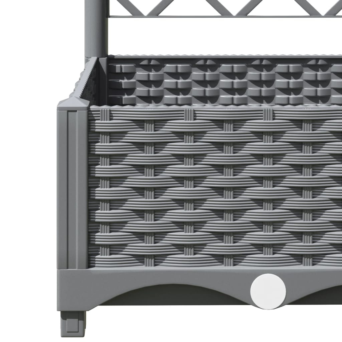 Cesto grigio con trama in rattan e montanti metallici sopra.