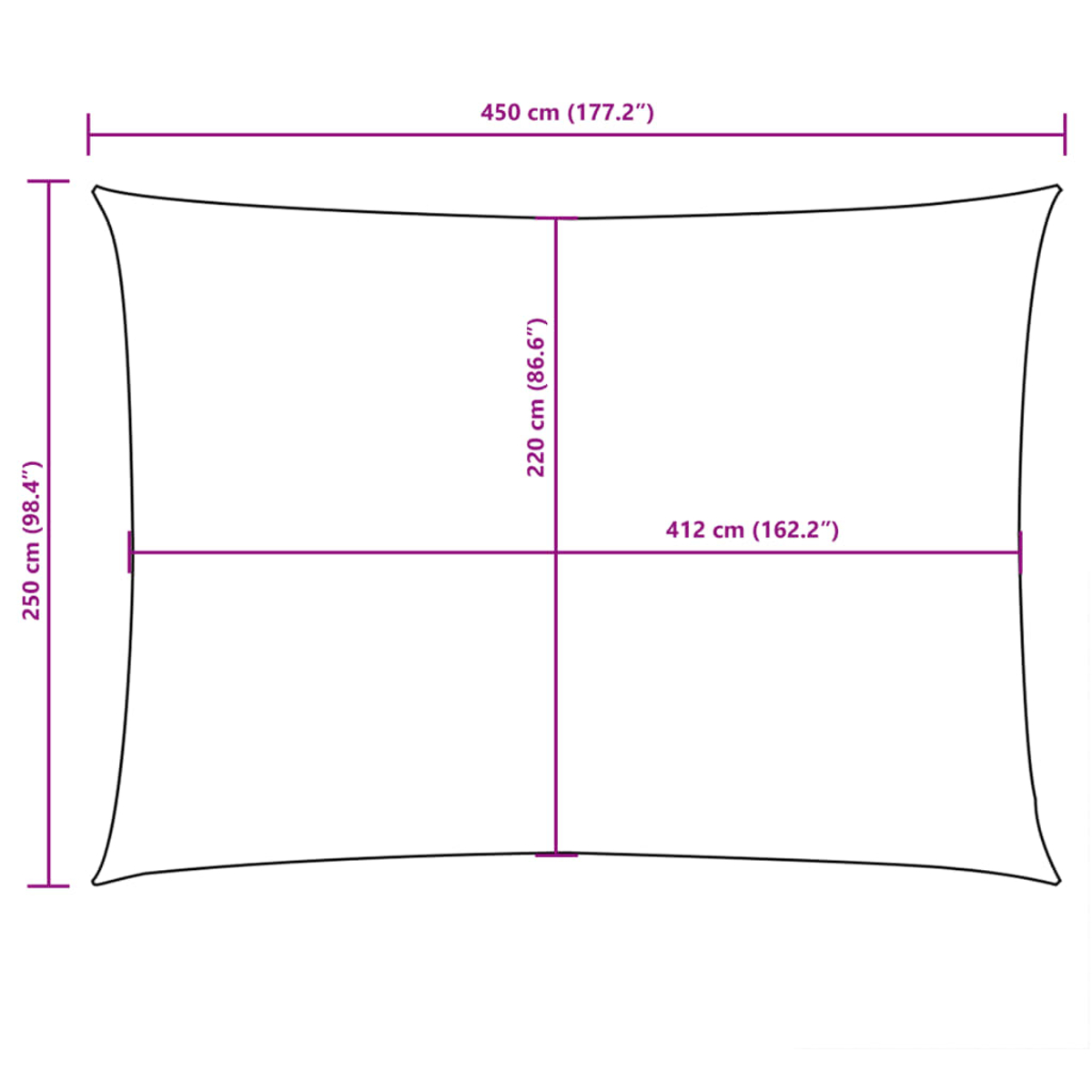 Contorno di una vela parasole con dimensioni in cm e pollici.