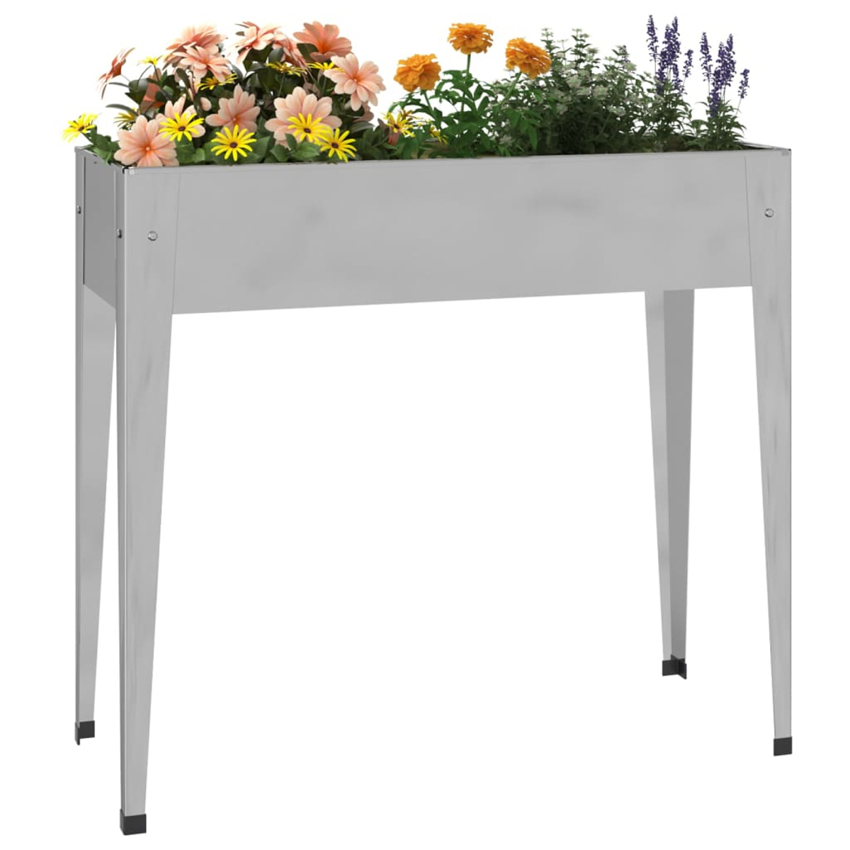 Ein rechteckiger silberner Blumenkasten auf vier Beinen mit bunten Blumen.