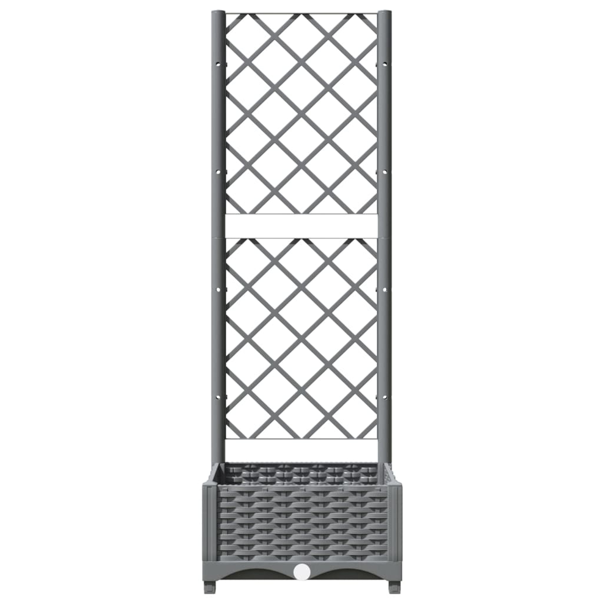 Fioriera grigia con traliccio, effetto rattan, su sfondo bianco.