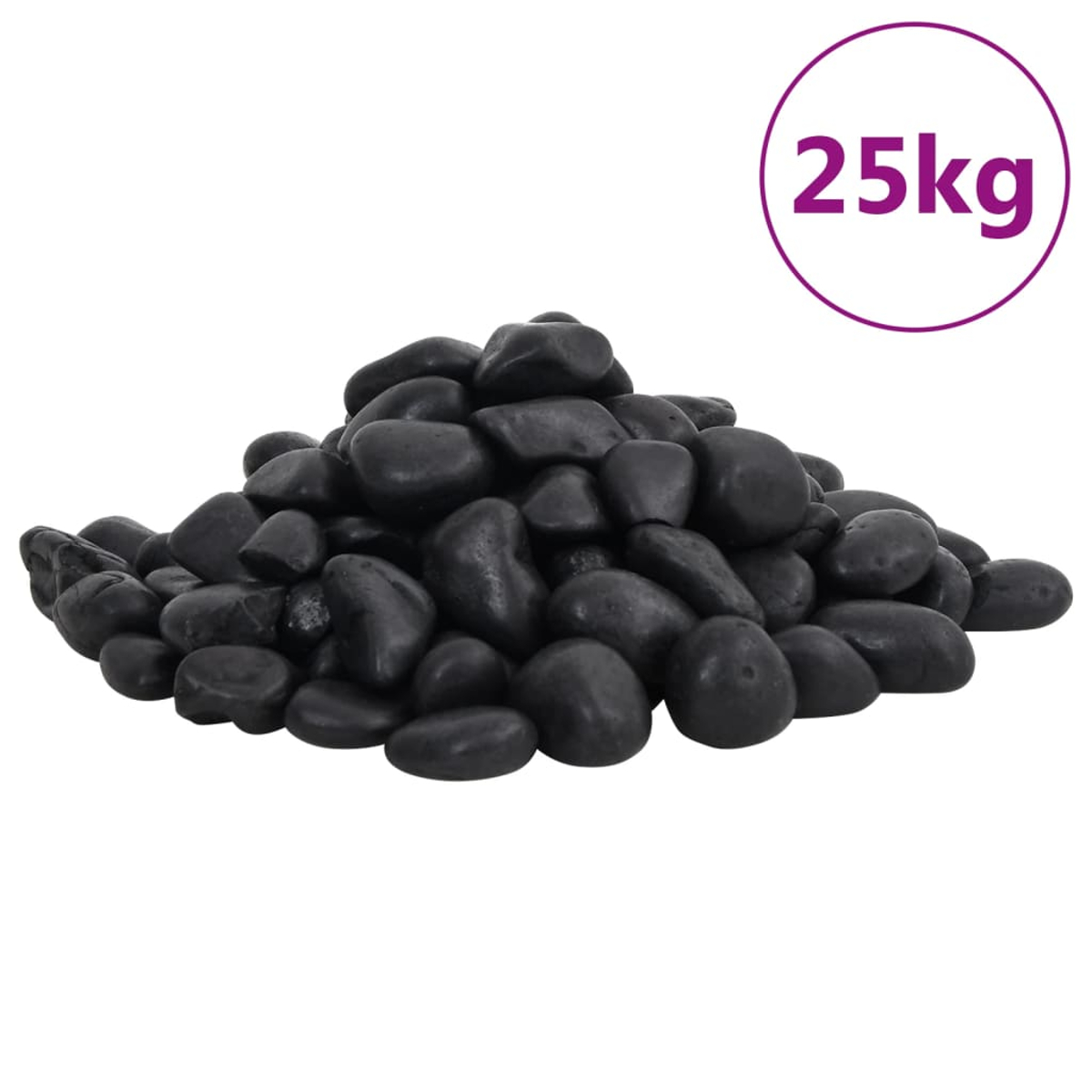 Ein Haufen glatter, schwarzer Kieselsteine mit einer 25kg-Markierung.