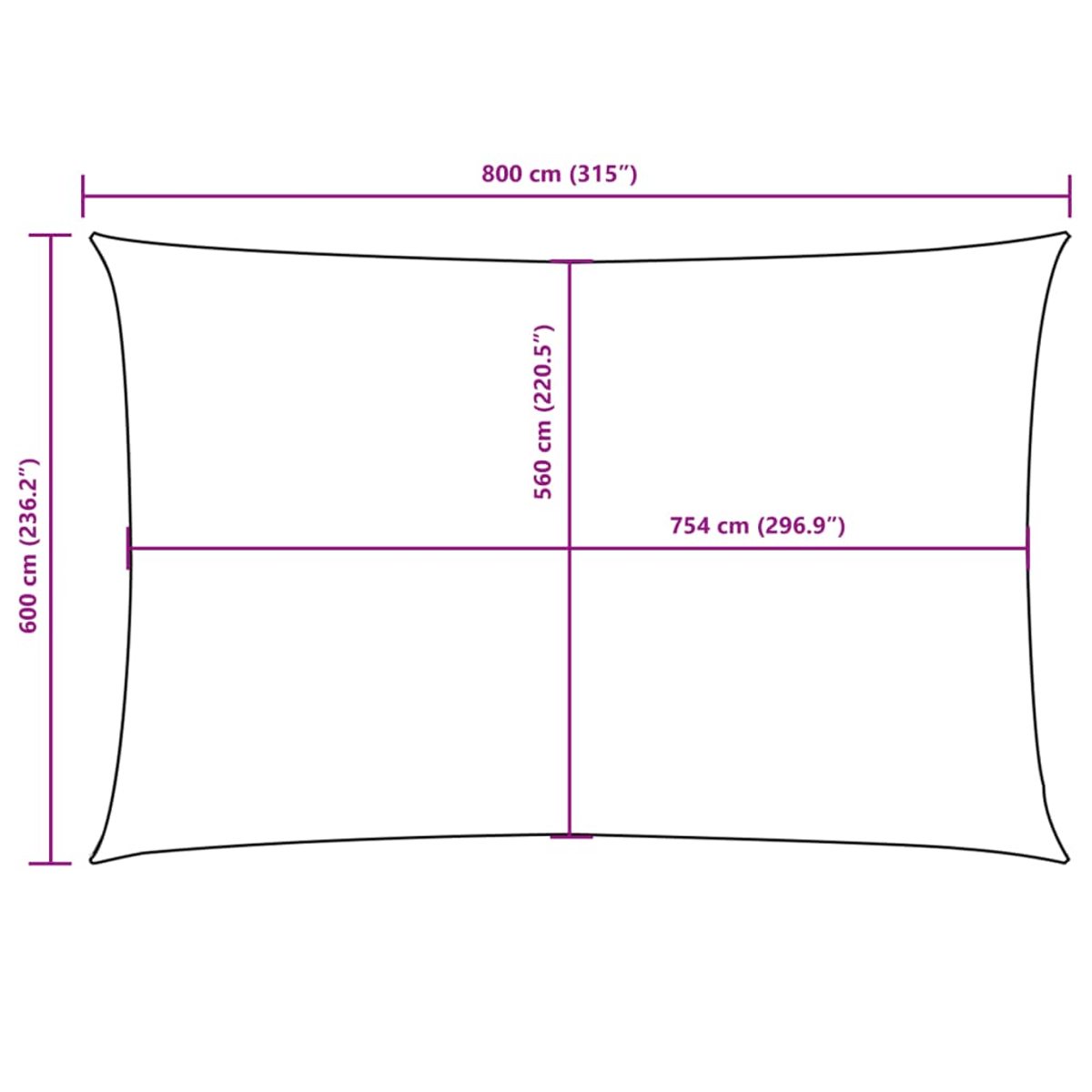 Maße eines rechteckigen Sonnensegels: 800x600 cm.
