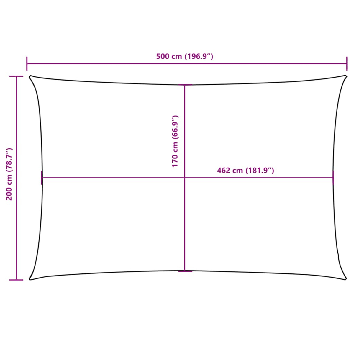 Diagramm mit rechteckiger Form und Maßen: 500cm (196,9") x 200cm (78,7").