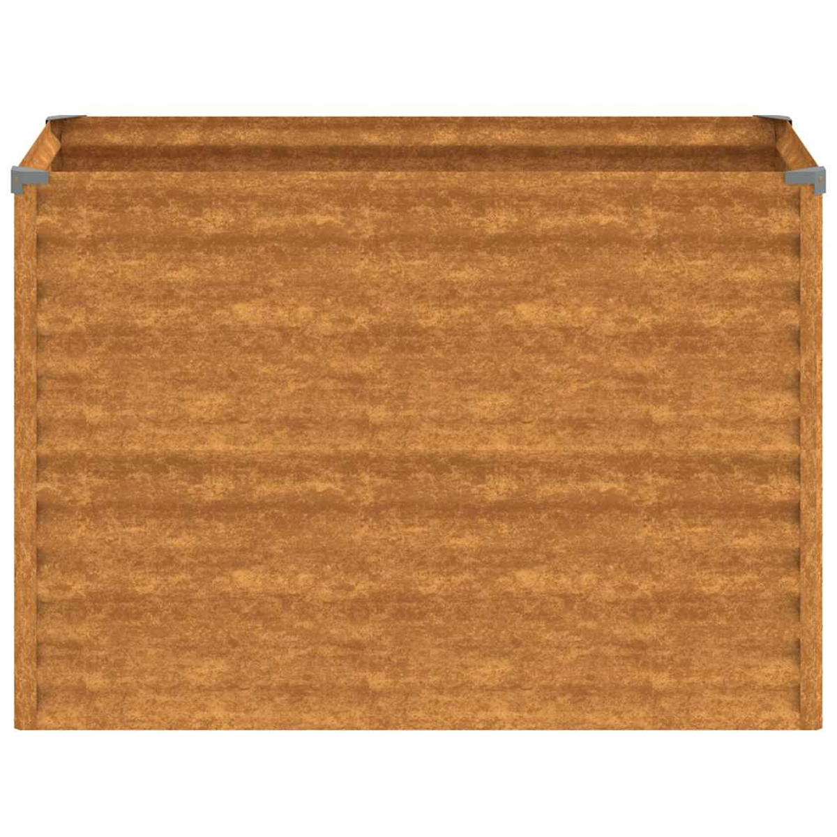 Braune Holzkiste mit silbernen Eckverbindern. Geradlinige Ansicht.