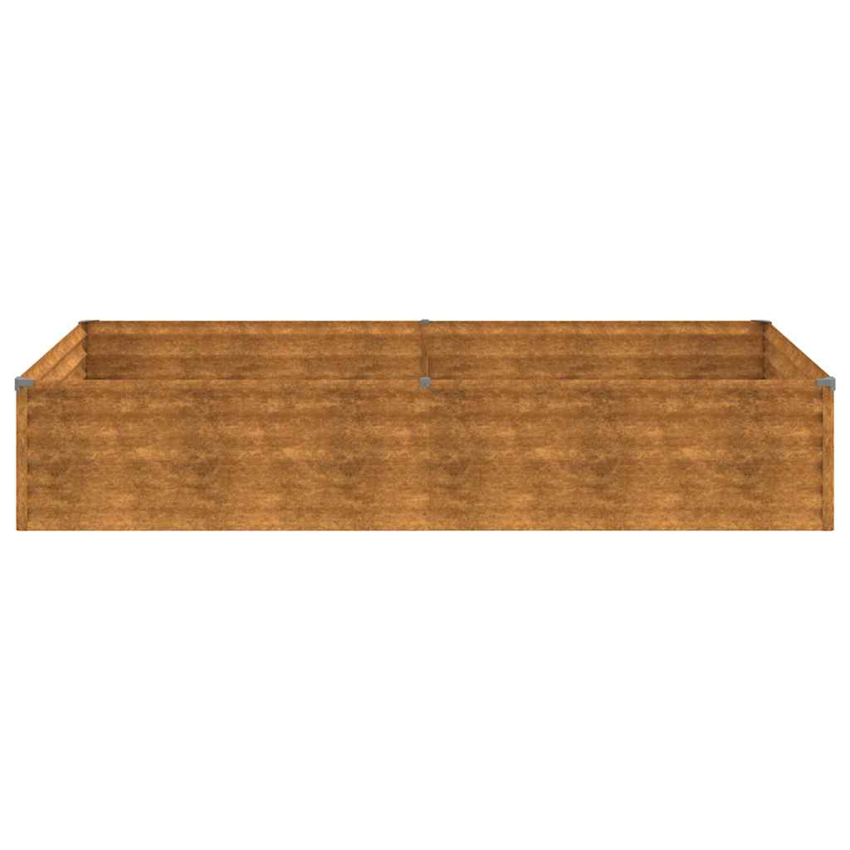 Ein rechteckiger Hochbeet aus Holz mit Metallwinkeln.
