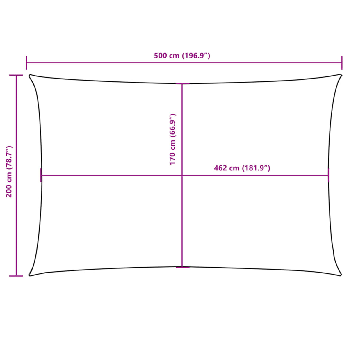 Schattentuch mit Maßen 500x200 cm, 462x170 cm. Schwarzer Rand.