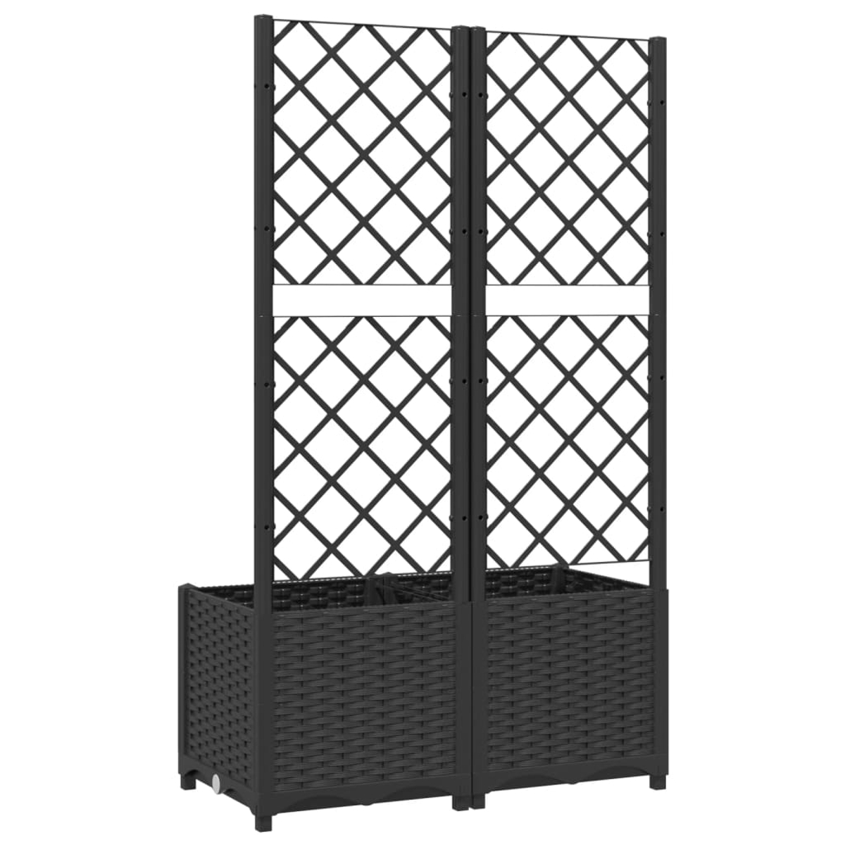 Due fioriere nere con spalliera, effetto rattan.