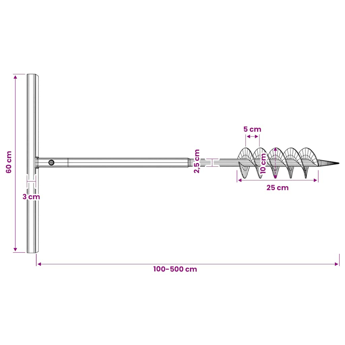 Ein Erdlochbohrer mit Griff (60 cm) und Bohrspitze (25 cm).