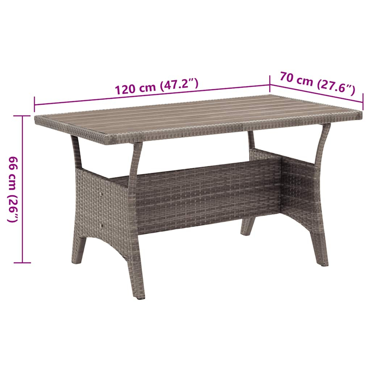 Grauer Rattantisch mit Maßen 120x70x66 cm.