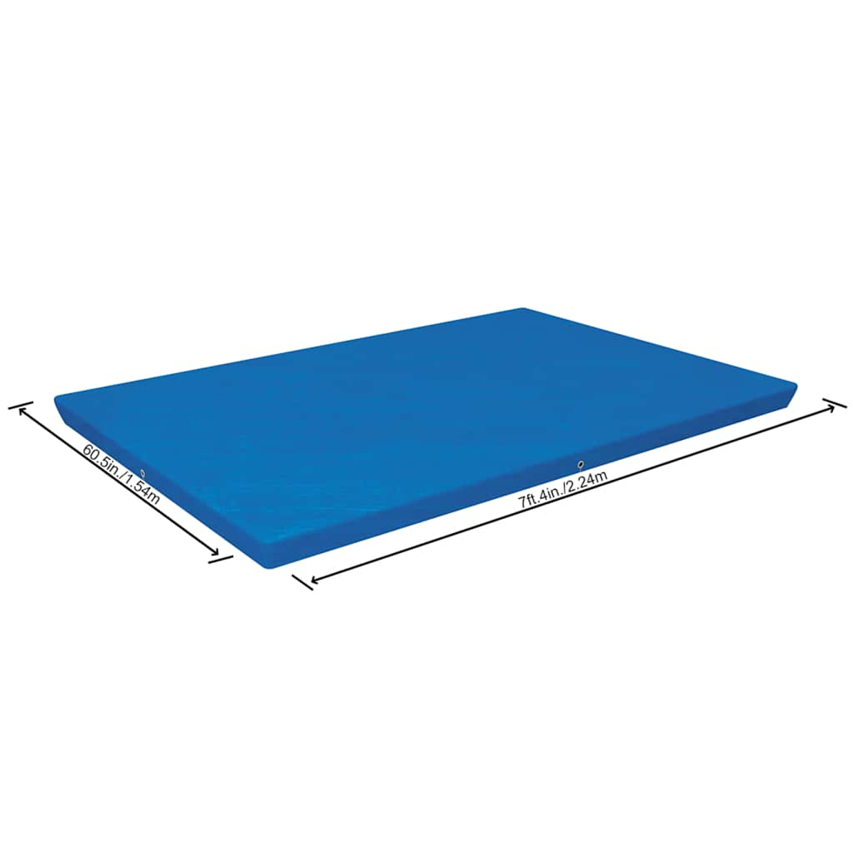 Eine blaue, rechteckige Matte mit Maßangaben.