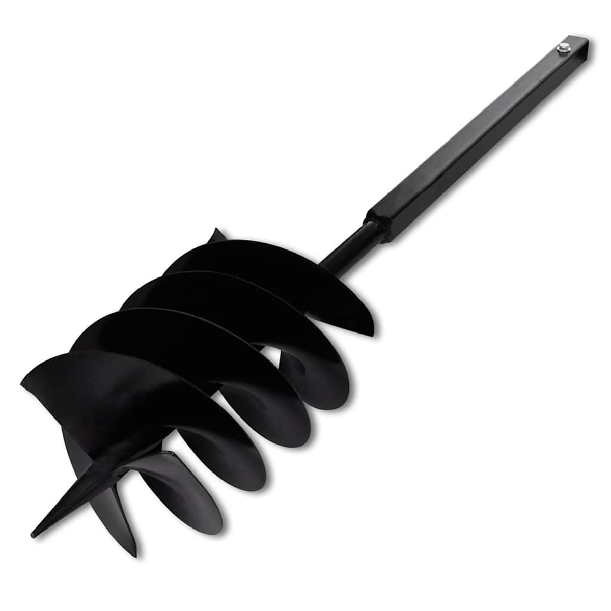 Ein schwarzer Erdbohrer mit scharfen Klingen und einem langen Griff.