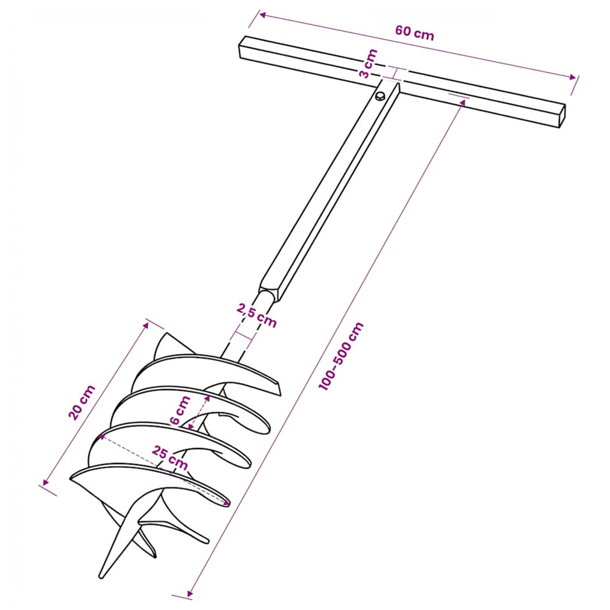 Bohrer mit T-Griff, 60 cm breit, 100-500 cm lang, 20 cm Bohrdurchmesser.