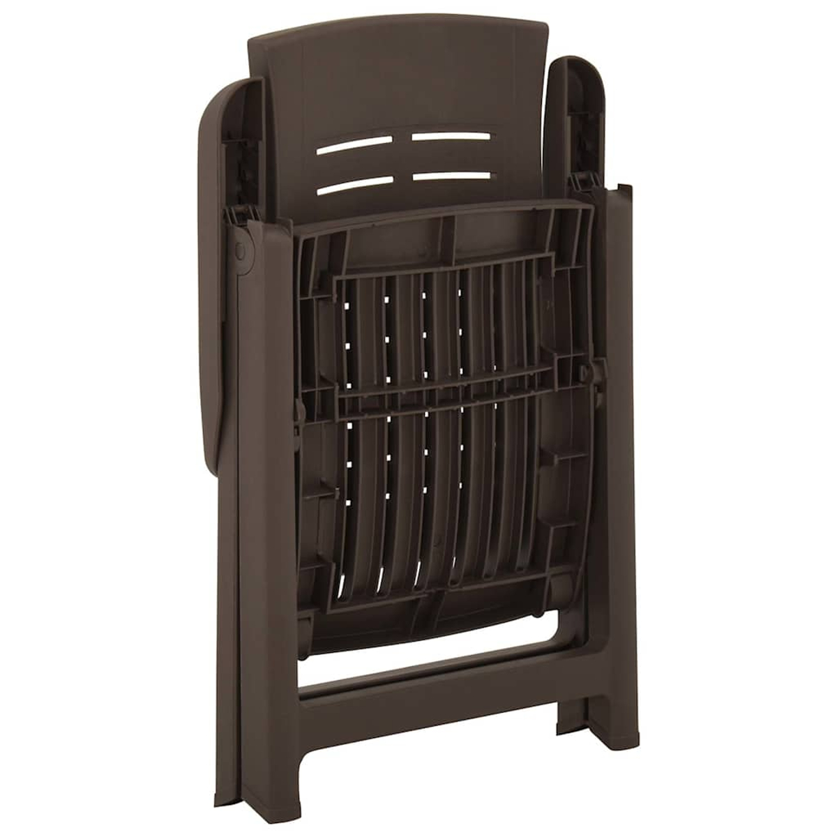 Brauner Klappstuhl von hinten mit sichtbarer Rückenlehnen- und Sitzstruktur.
