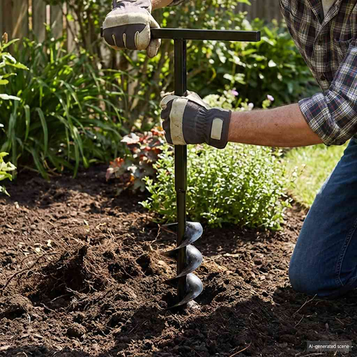 Ein Mann mit Handschuhen benutzt einen Erdbohrer im Garten.