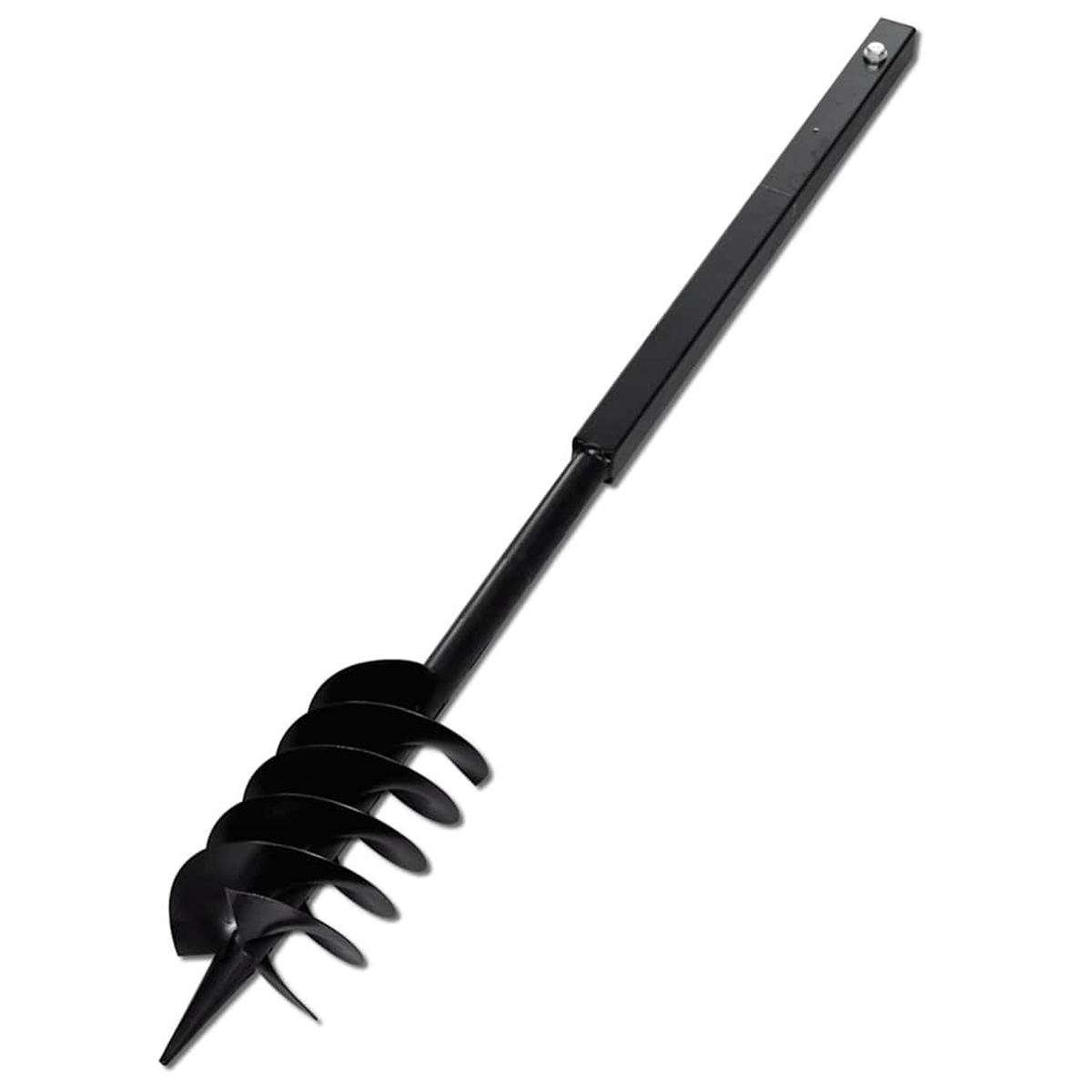 Schwarzer Erdbohrer mit schraubenförmigen Klingen und rechteckigem Griff.