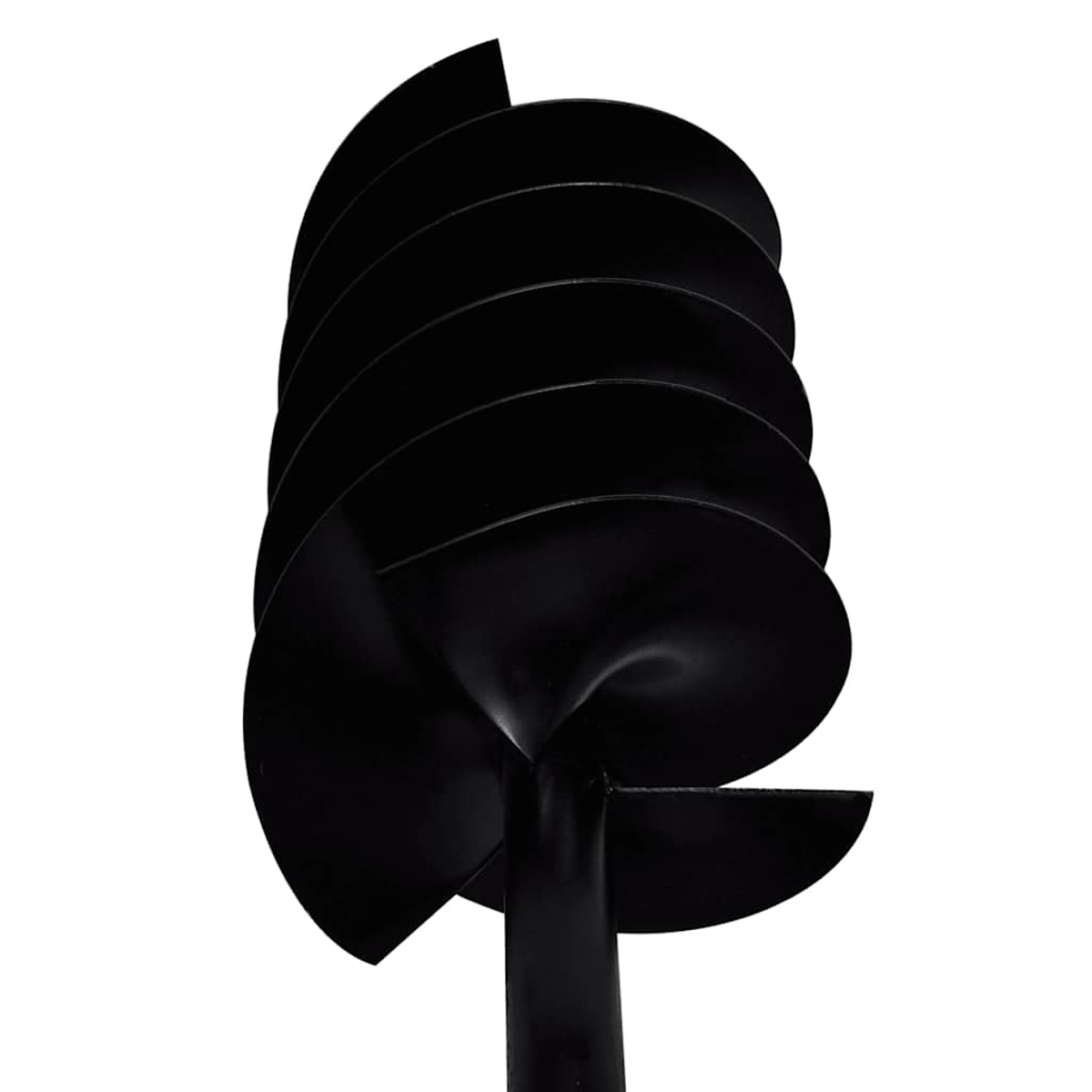 Ein schwarzer Bohrer mit spiralförmigen Klingen auf weißem Hintergrund.