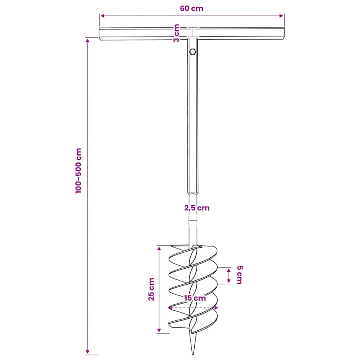 Bohrer mit Griff: 60 cm breit, 100-500 cm lang. Schnecke 25 cm lang, 15 cm breit.