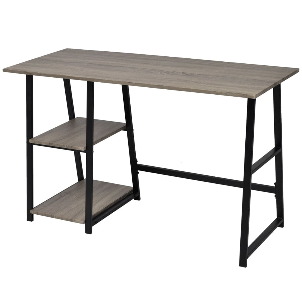 Moderner Schreibtisch mit Holzplatte und schwarzen Metallbeinen, zwei Regalböden.