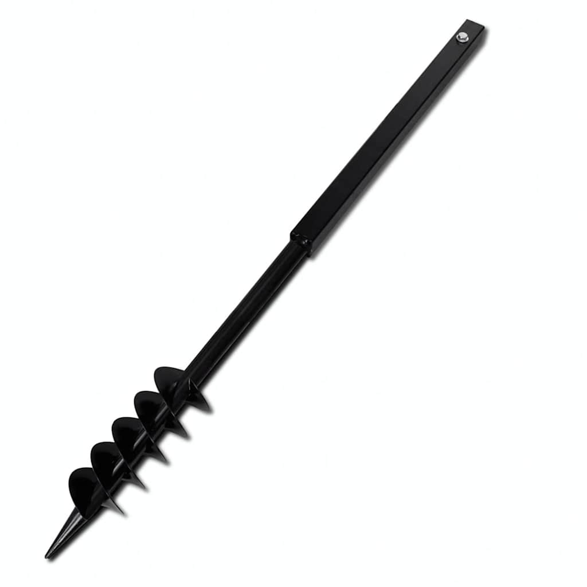 Schwarzes Erdloch-Bohrgerät mit spiralförmiger Spitze und rechteckigem Griff.