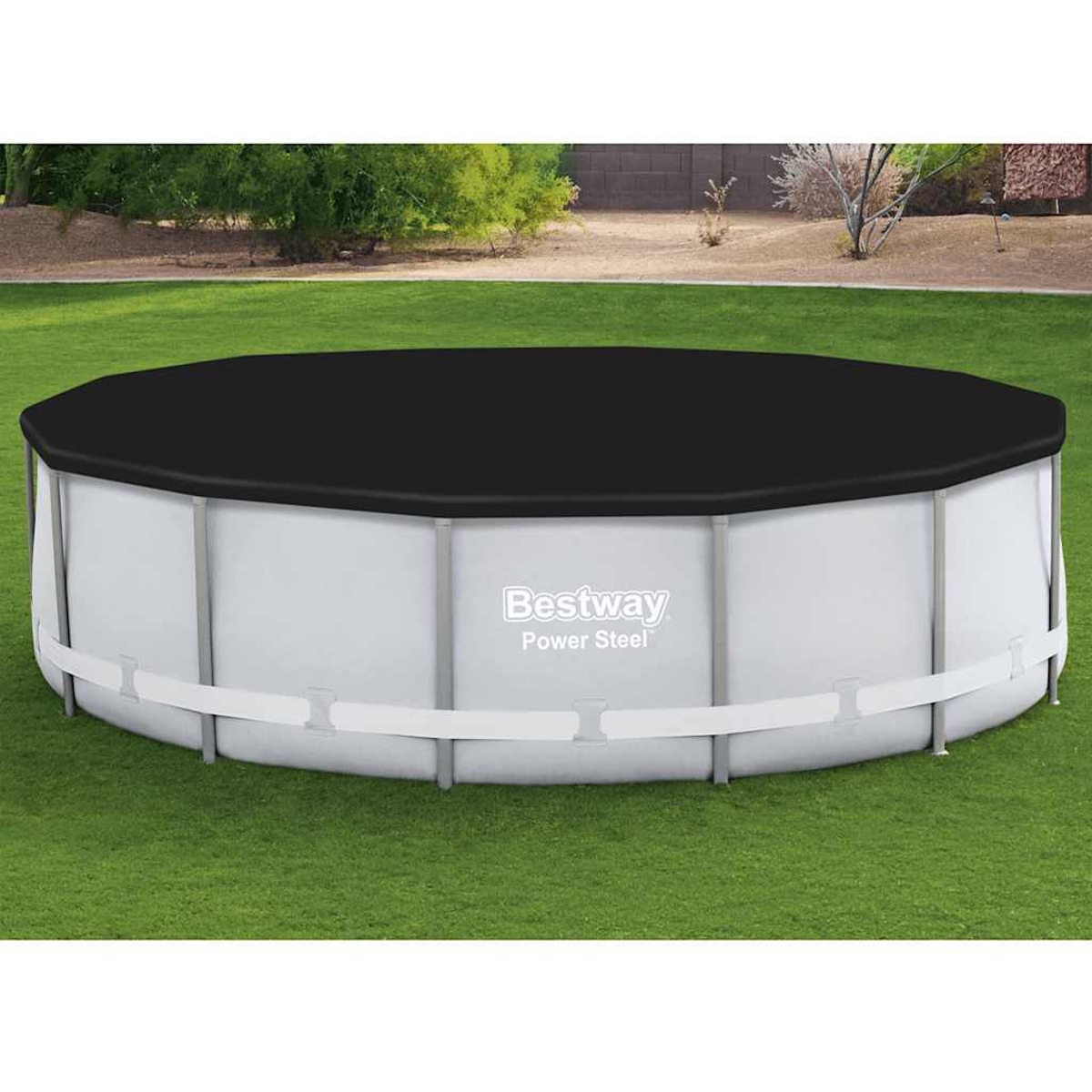Ein abgedeckter runder Bestway Power Steel Pool auf Rasen.