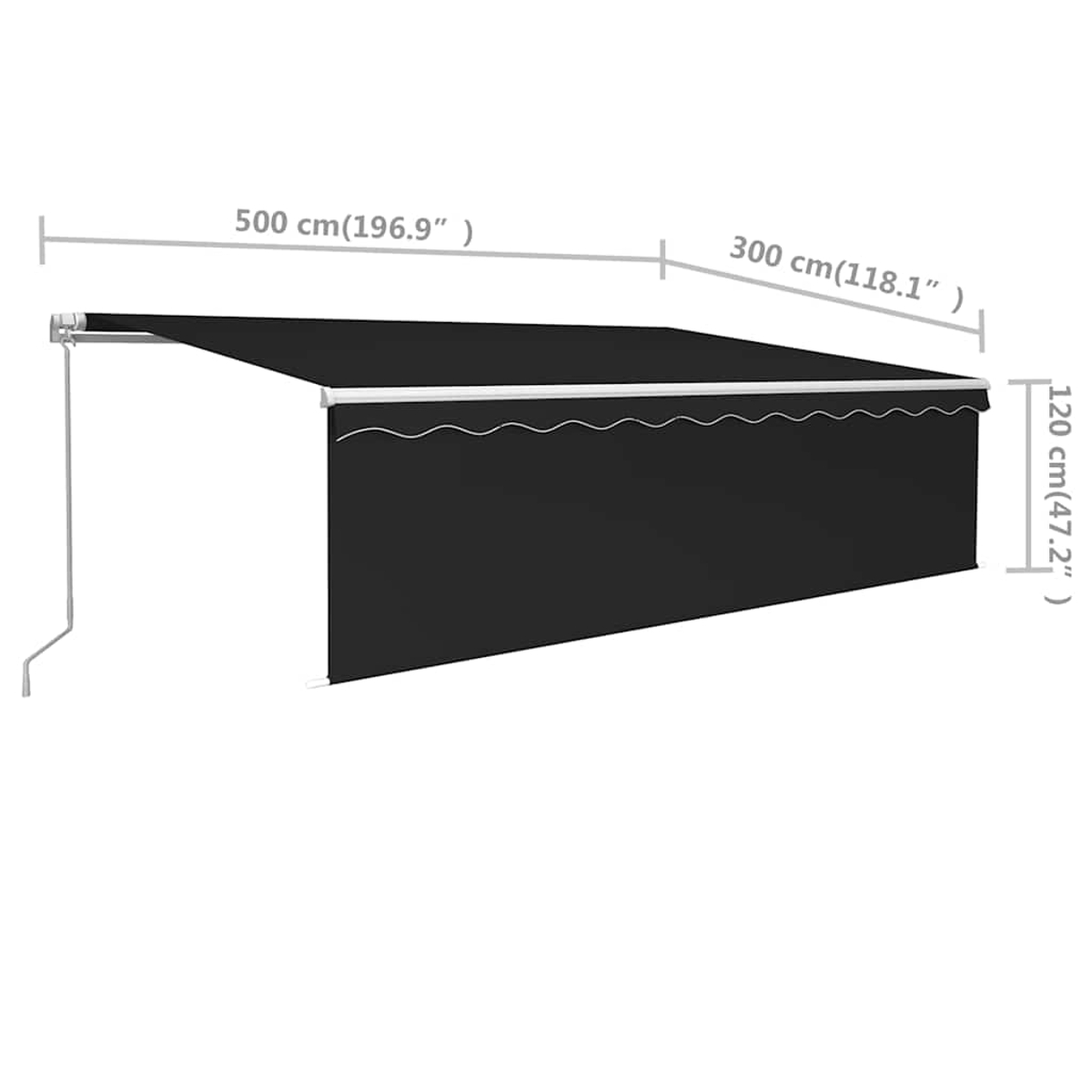 Schwarzes Markisendach mit Wellensaum, 500x300x120 cm.