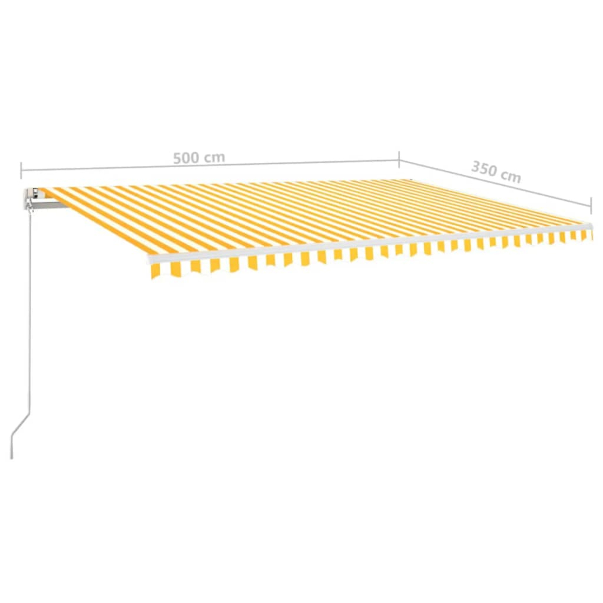 Ein ausgefahrener Sonnenschutz mit gelb-weißen Streifen, 500x350 cm.