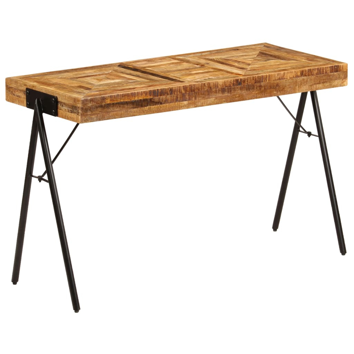 Ein Konsolentisch aus Holz mit Mosaikplatte und schwarzen Metallbeinen.