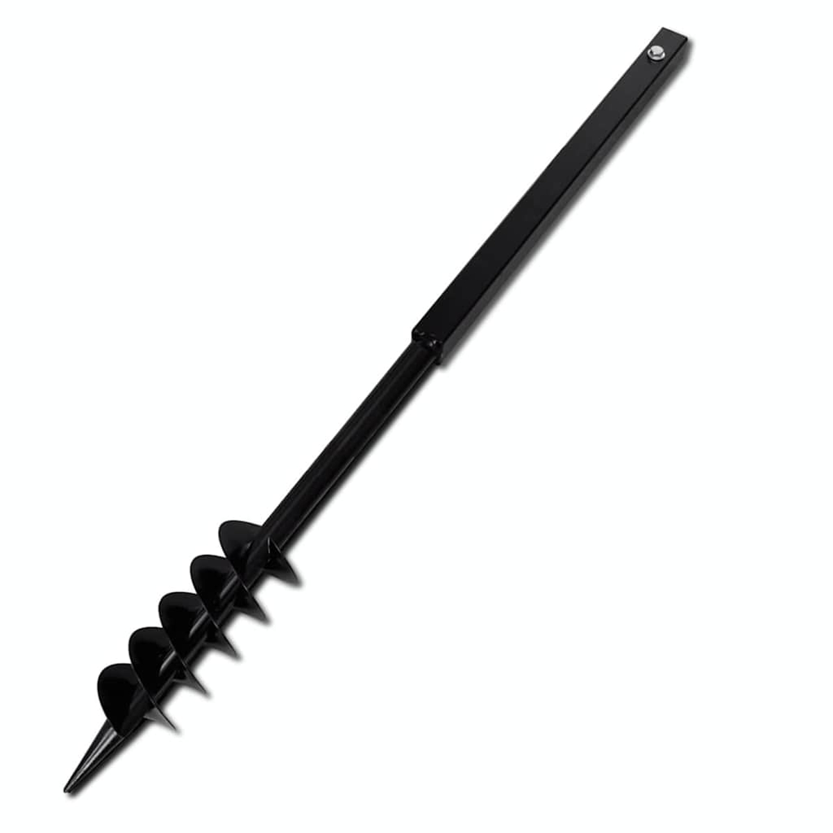 Ein schwarzer Erdbohrer mit scharfer Spitze und spiralförmigen Schneiden.