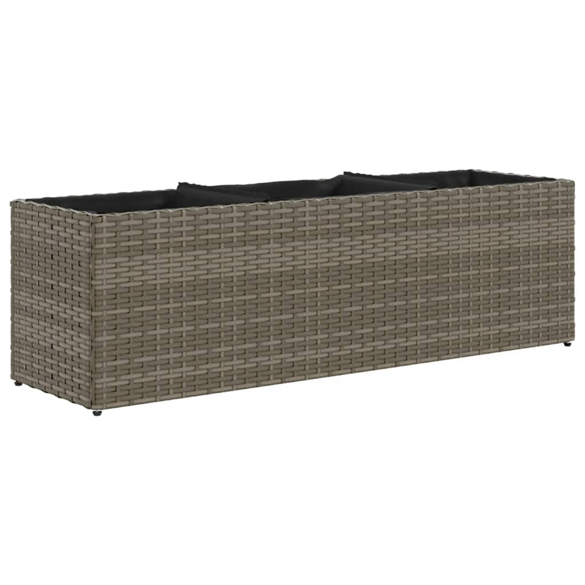 Grauer Rattan-Blumenkasten mit schwarzem Einsatz, rechteckig.
