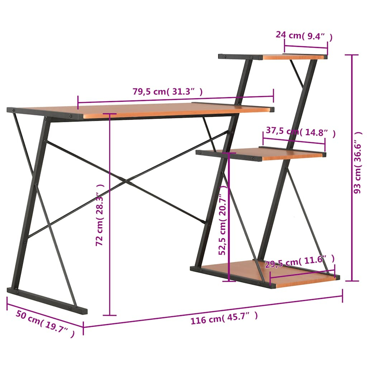 Ein Schreibtisch mit Holzplatte und schwarzen Metallbeinen, mit Regalen.
