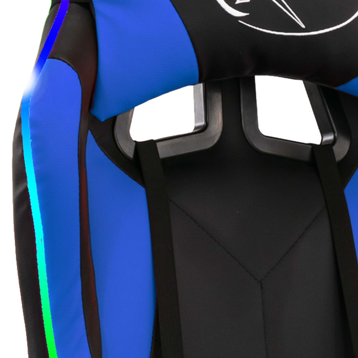 Detailansicht eines blauen und schwarzen Gaming-Stuhls mit LED-Streifen.