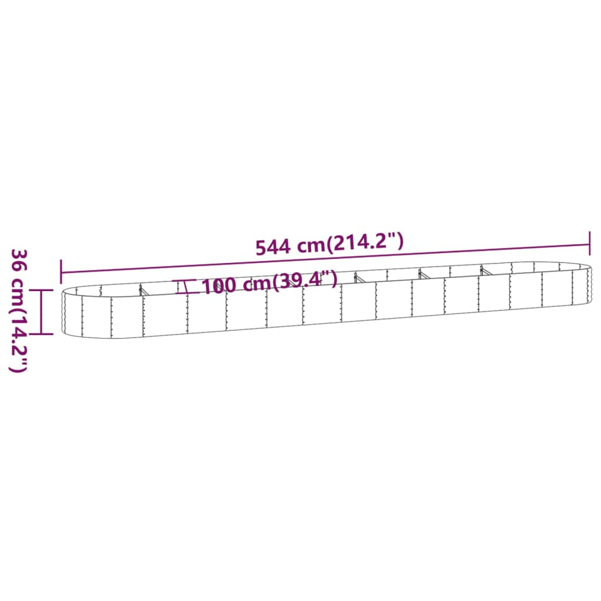 Diagramm eines ovalen Pools, 544 cm lang, 100 cm breit und 36 cm hoch.