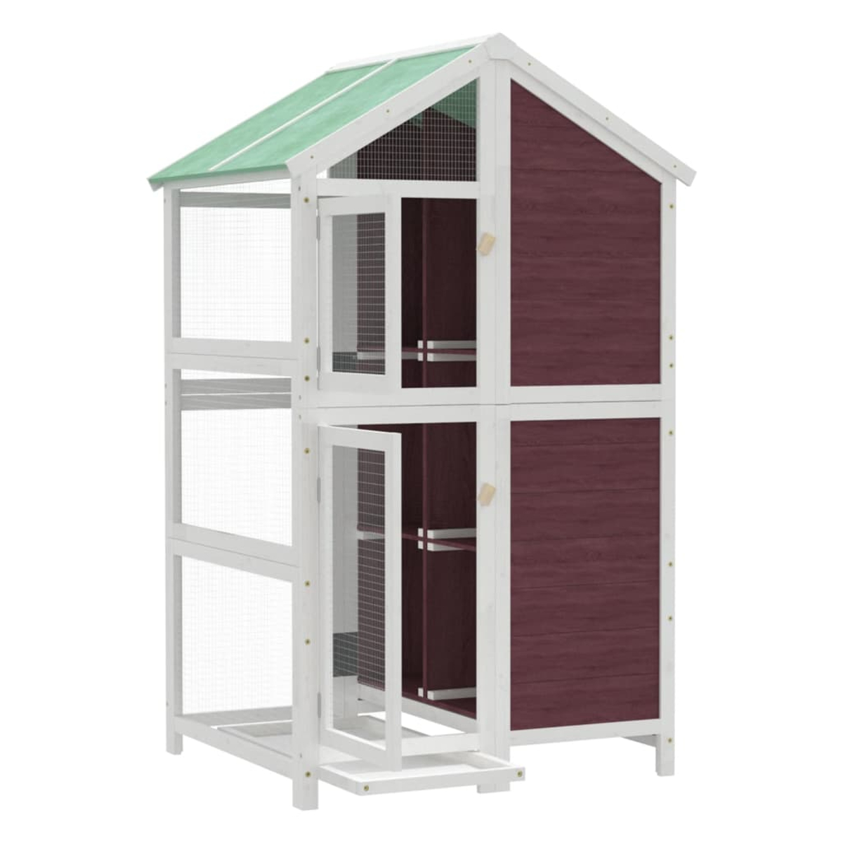 Ein zweistöckiges Vogelhaus aus Holz mit grüner Dachverkleidung und weißen Rahmen.