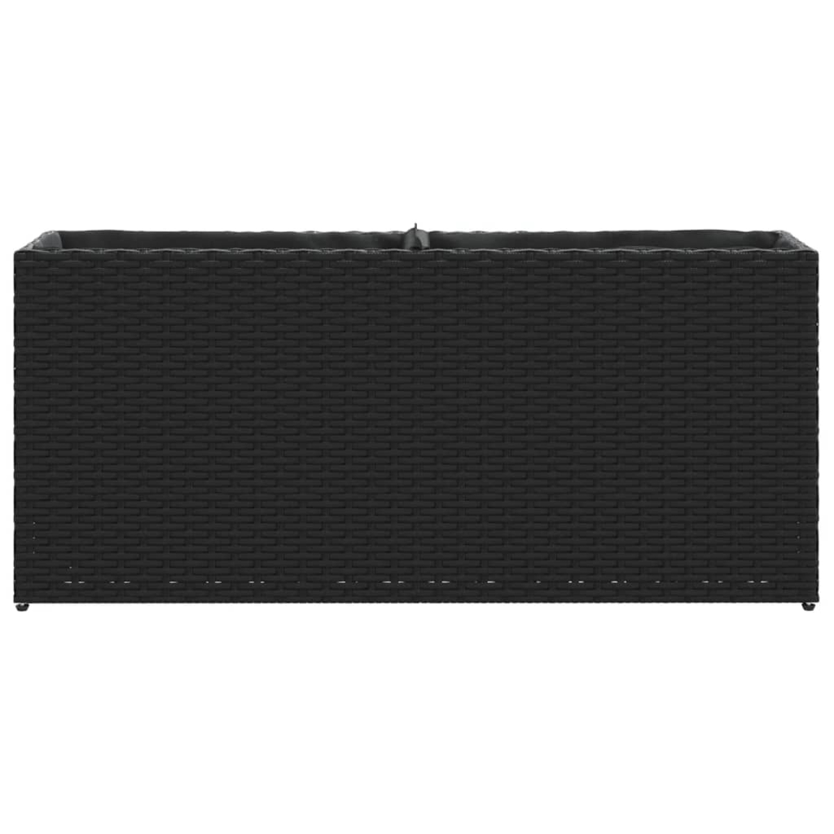 Fioriera rettangolare in rattan nero con rivestimento grigio, su piedini.