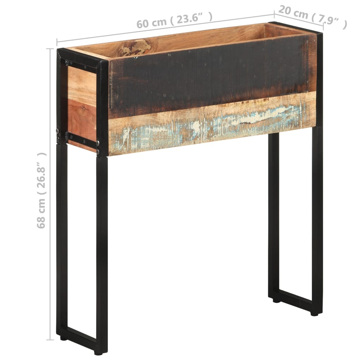 Ein Pflanzkasten aus recyceltem Holz mit schwarzem Metallgestell.