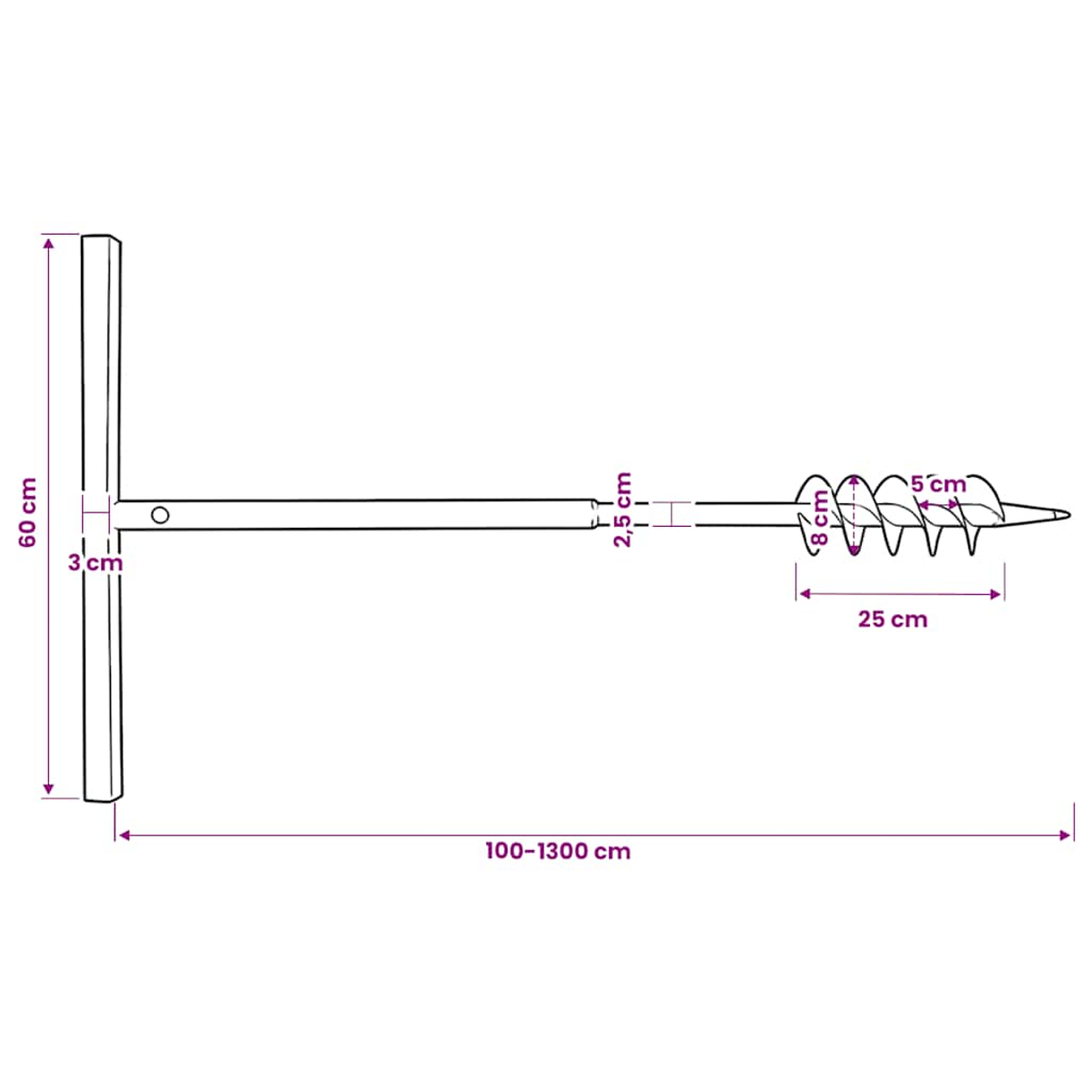 Ein Erdbohrer mit T-Griff, 60 cm hoch, 3 cm dick, 100-1300 cm lang.