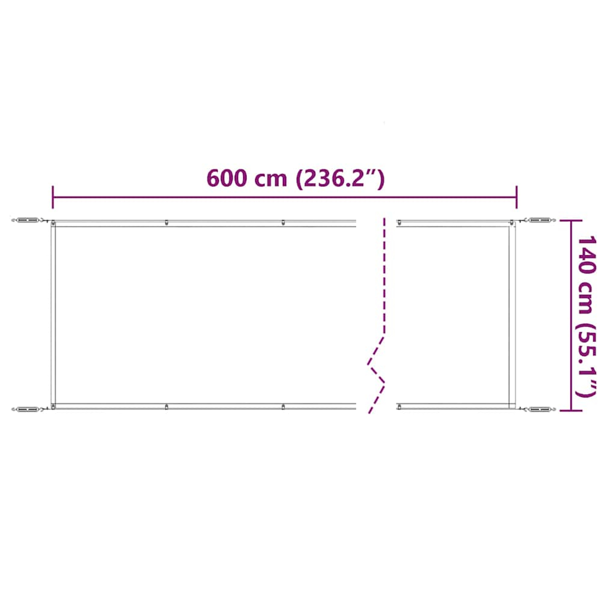 Schematische Darstellung eines rechteckigen Rahmens, 600x140 cm.
