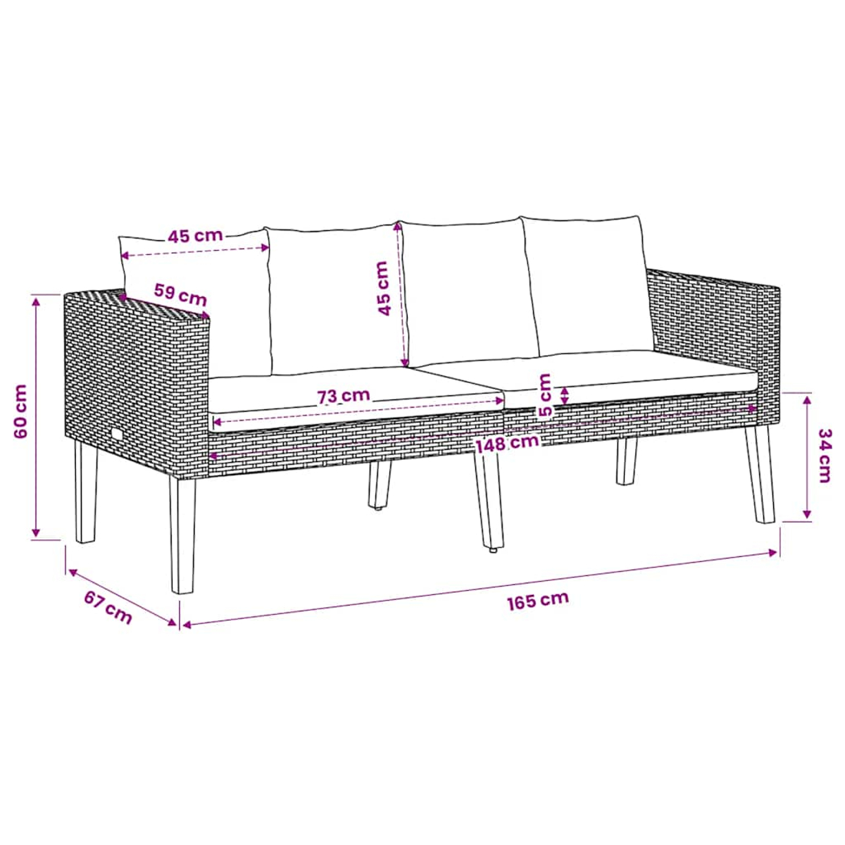 Geflochtenes Rattansofa mit weißen Kissen, zeigt Abmessungen für Länge, Breite und Höhe.