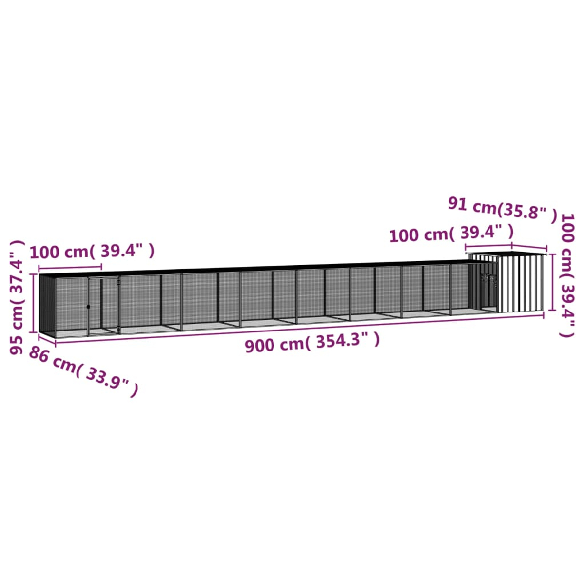 Drahtgittergehege, 900cm lang, 95cm hoch, mit mehreren Abschnitten und einer Tür.