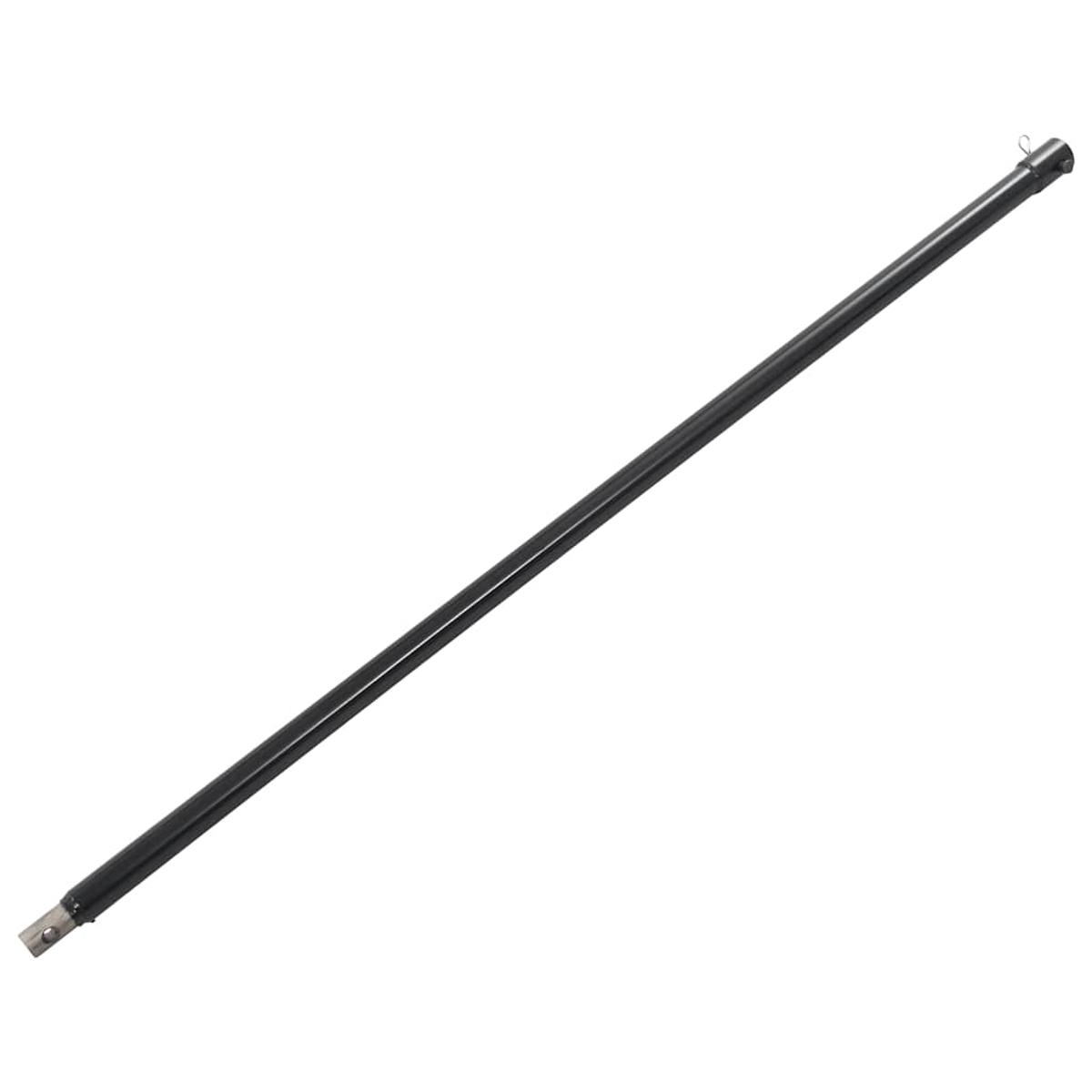 Ein schwarzer, schlanker Metallstab mit einer Metallklammer an einem Ende und einem Haken am anderen.