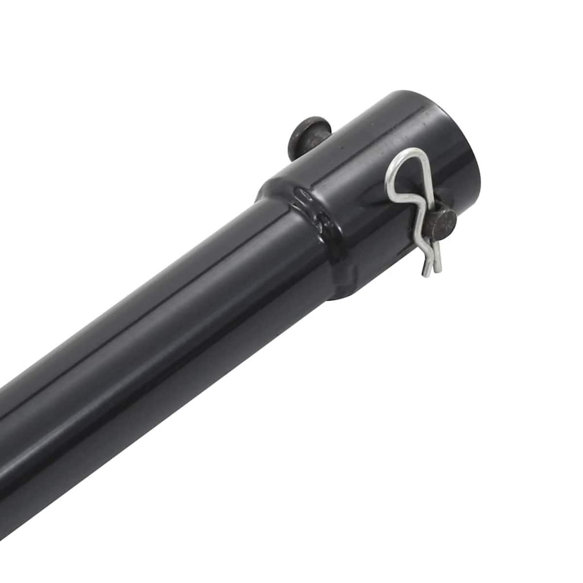 Schwarzes Metallrohr mit einem Splint und einer Schraube. Nahaufnahme.