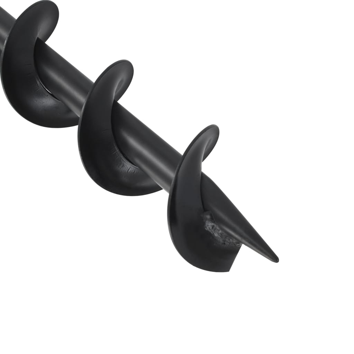 Nahaufnahme eines schwarzen Erdbohrers mit scharfer Spitze und spiralförmigen Klingen.