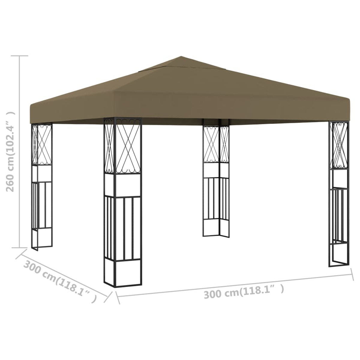Ein brauner Pavillon mit dekorativen schwarzen Metallbeinen, 300x300x260cm.
