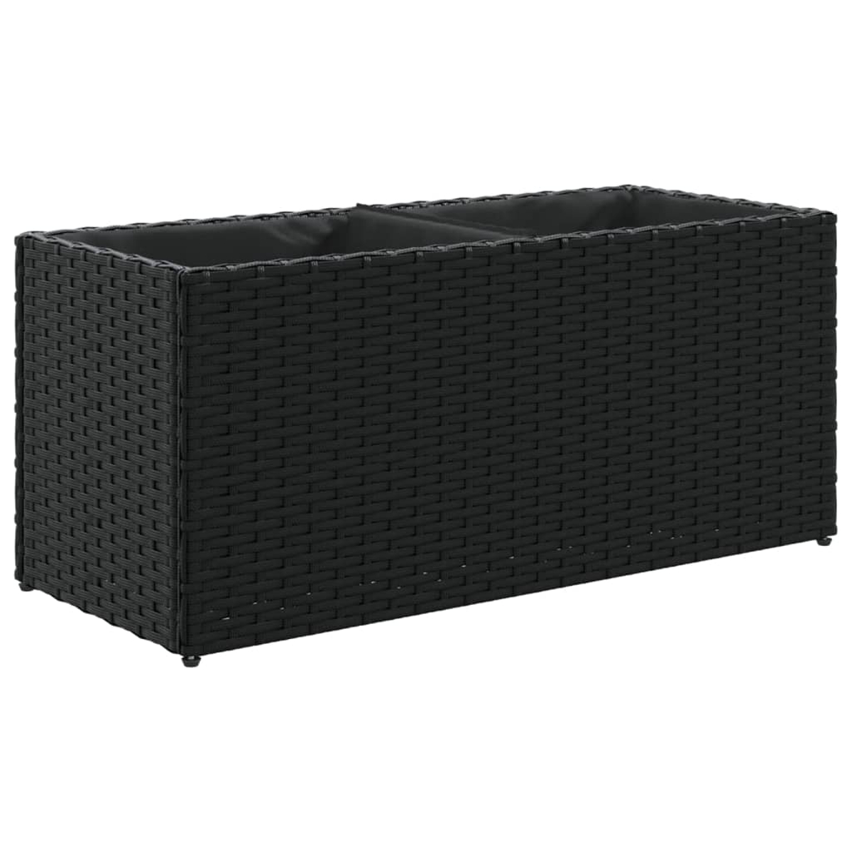 Fioriera rettangolare nera effetto rattan con due scomparti e rivestimento nero.