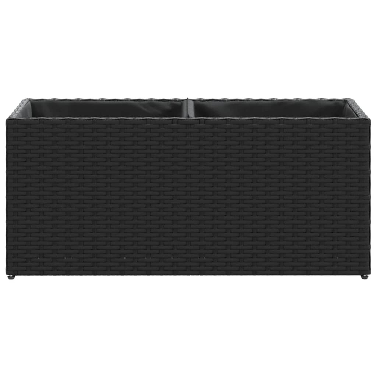Fioriera rettangolare in rattan nero con due scomparti e rivestimenti in tessuto.