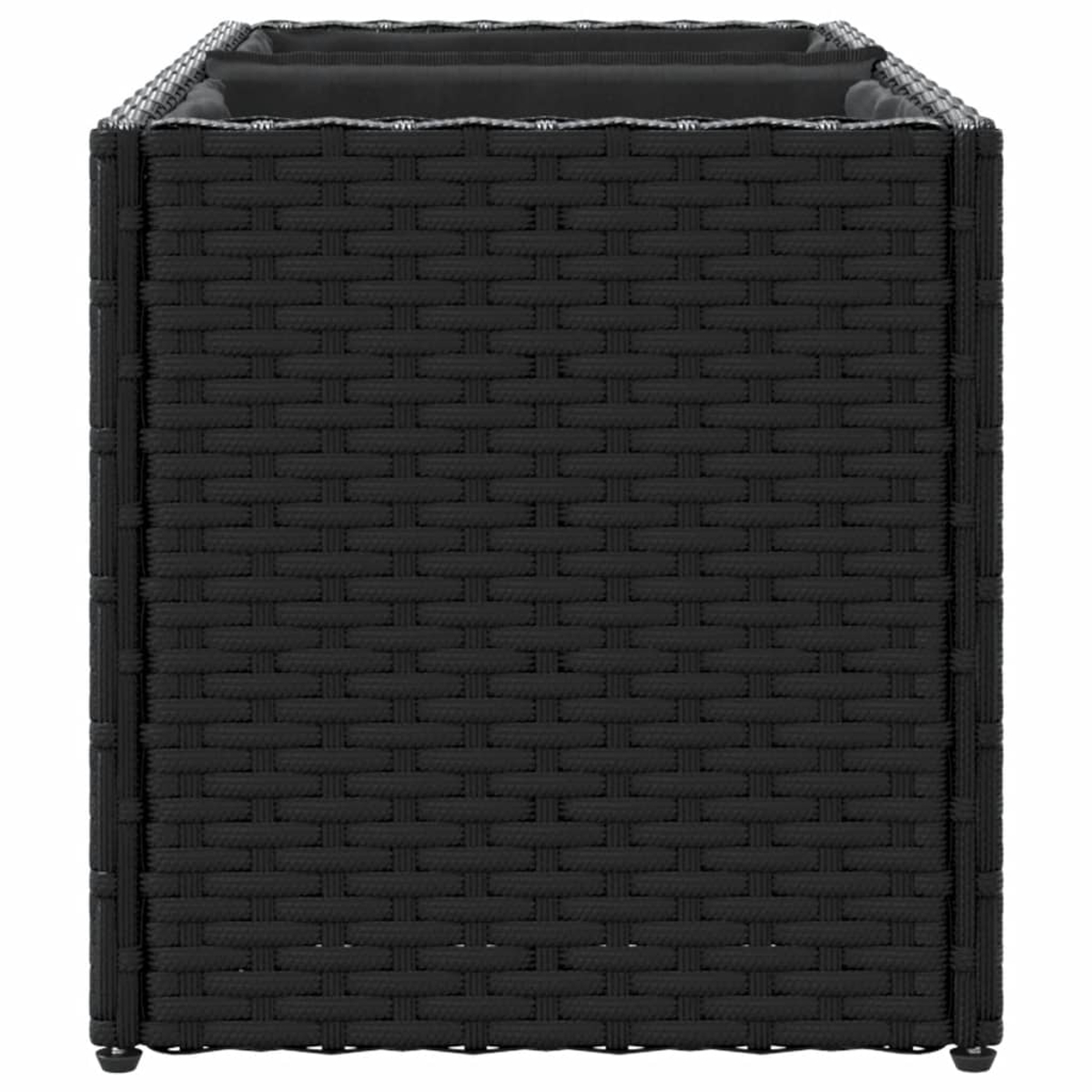 Cubo in rattan nero con imbottitura sopra, su piedini piccoli.