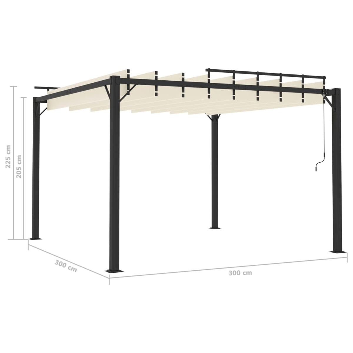 Schwarzes Pergola-Gestell mit cremefarbenem Sonnensegel, 300x300x225cm.
