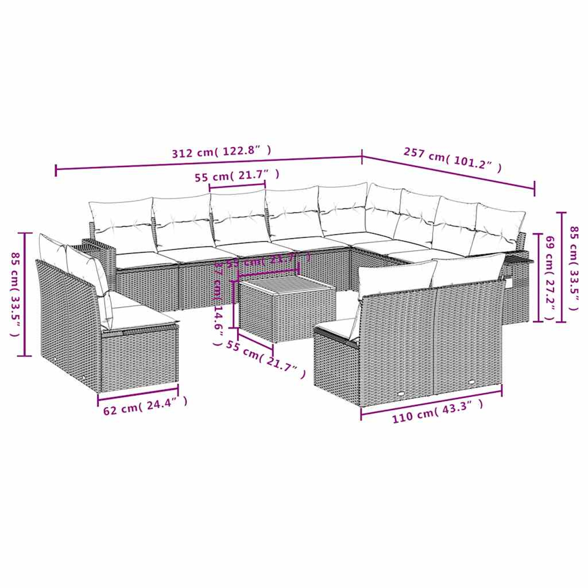 Wicker-Lounge-Set mit Kissen, Maße: 312x257x85 cm.